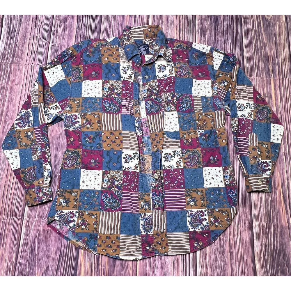 Solutions Patchwork Button Down Shirt Floral Paisley Pattern Cottage Core Medium